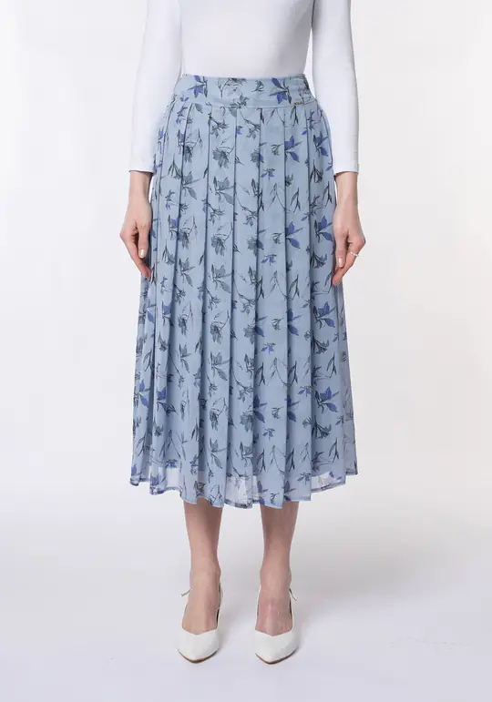 Desenli Şifon Denim rengi Max-Midi(90cm) boy Pileli Etek - 462737173