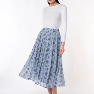 Desenli Şifon Denim rengi Max-Midi(90cm) boy Pileli Etek - 462737173